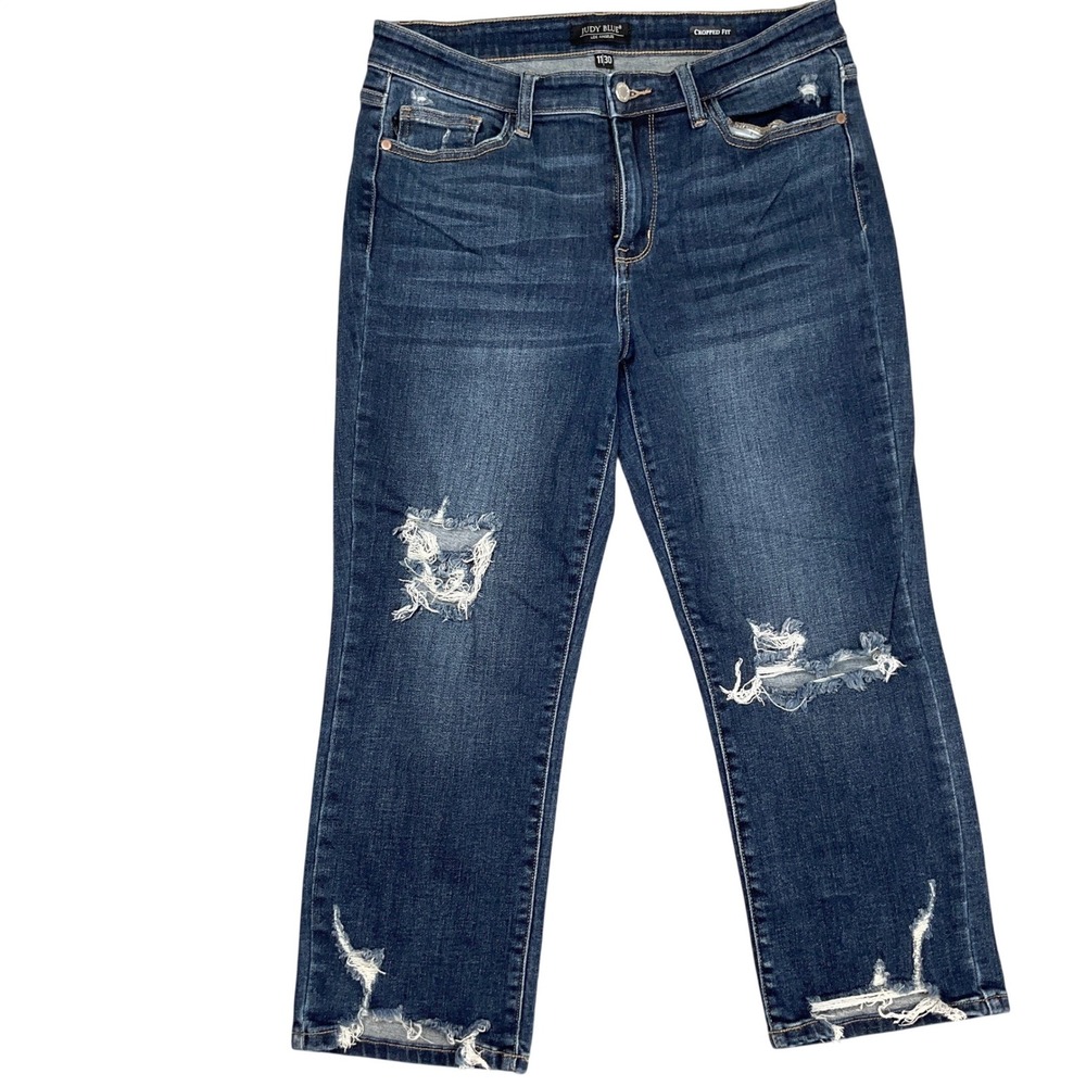 Judy Blue Jeans Womens 11/30 Dark Blue Cropped Fit Distressed Ripped Urban